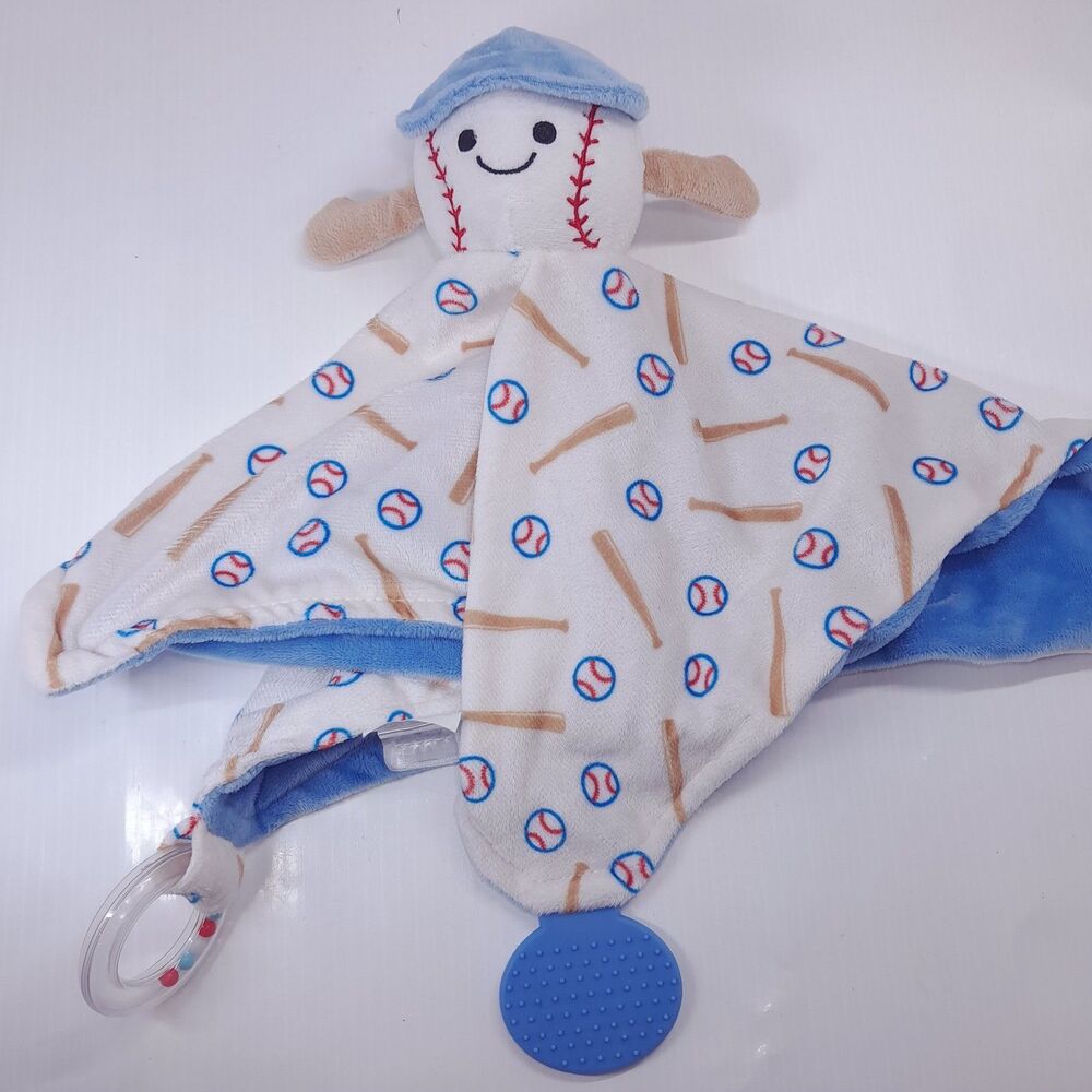 Modern Baby Baseball lovey Snuggle Blankie Security Blanket rattle teether Toy